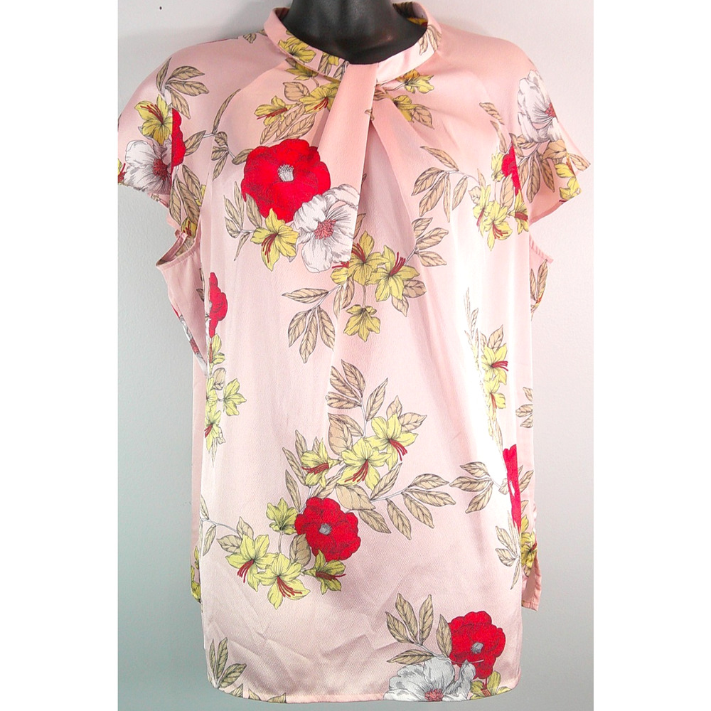 Pink Floral Blouse Short Sleeve Blouse Women's L/XL